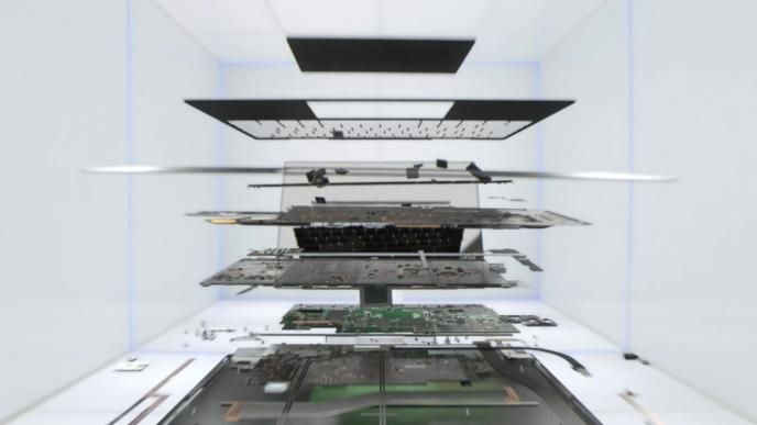 a computer that has been split open to view the layers of it