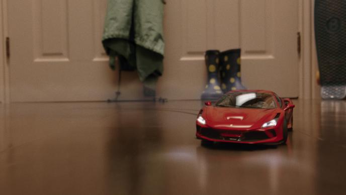a close up shot of a red toy car in a children's room