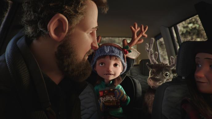 an animated family in a car. there is a reindeer in the backseat next to the child. the child is wearing christmas reindeer antlers