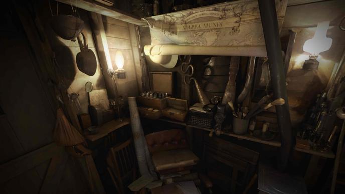 dimly lit workshop that has a map, two oil lamps and nick nacks inside