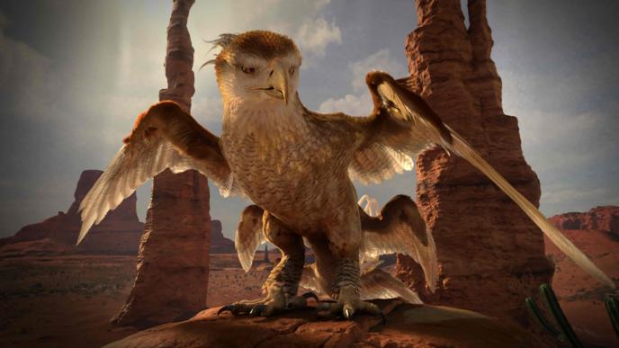 thunderbird creature from fantastic beasts and where to find them facing forward with a canyon in the background