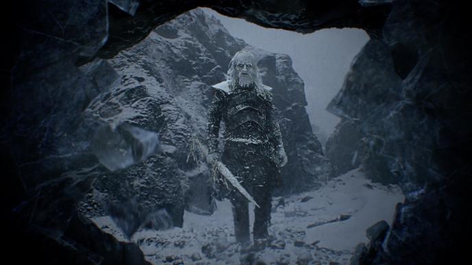 perspective from inside of a save looking out to a white walker from game of thrones holding a sword