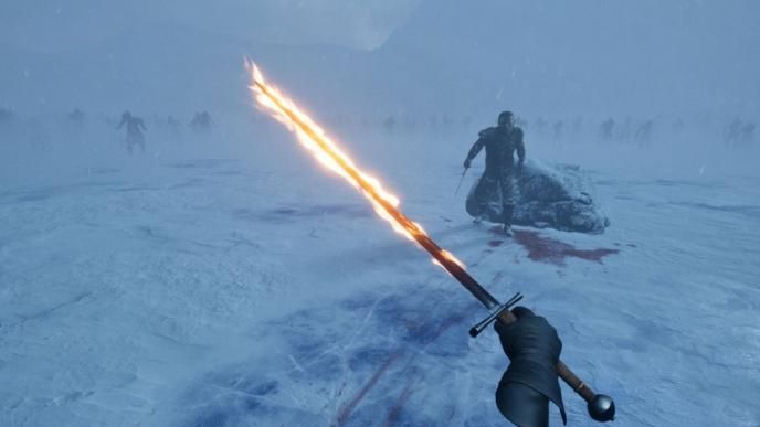 perspective of holding a sword that is aflame while a white walker looking towards you. there are many others faded in the background