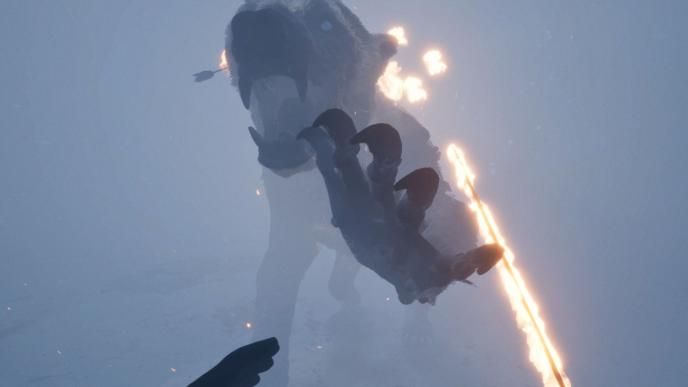 angry bear with its paw and claws reaching towards us with an arrow on the left side of its face that is set aflame by a flaming sword