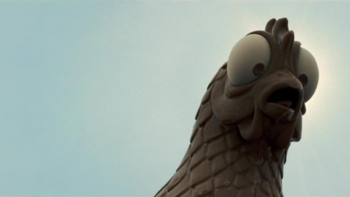 head shot of a giant chocolate hen