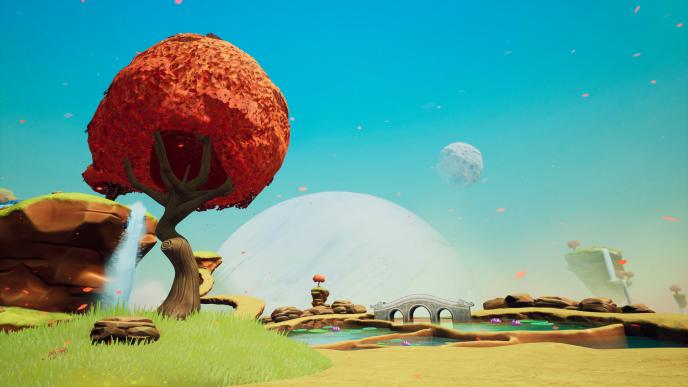 virtual reality environment of an extraterrestrial planet that has orange trees and there are planets visible in the atmosphere