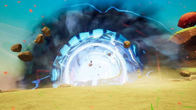 an electrified wormhole coming out of the ground. there are rocks shooting out of the wormhole