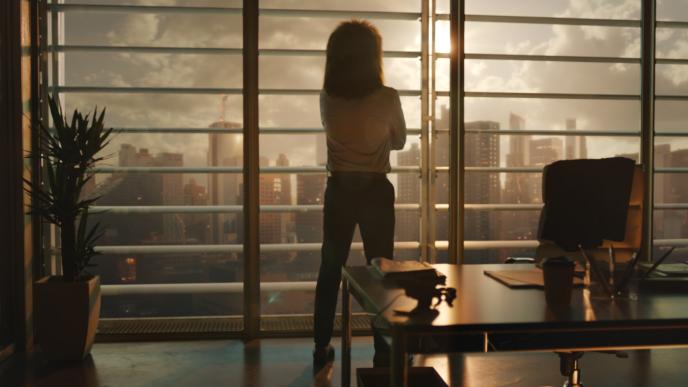 back shot of a businessperson with the head of a lion looking at the city skyline through an office