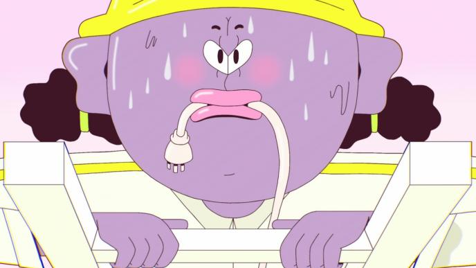 a close up shot of a cartoon character sweating and holding onto the top of a ladder with a cable in their mouth