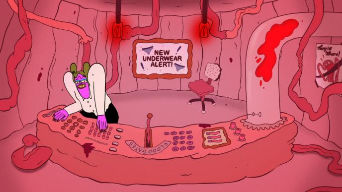a mischievous looking cartoon character operating a control room with a period theme. there is a 'new underwear alert' text on the screen behind and there is period blood going through a large tube