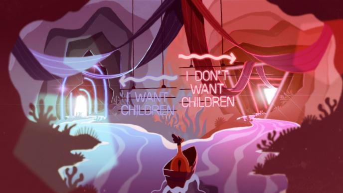 an animated character in a boat ride. there is a stream that leads up to two different caves. one says 'i want children' the other says 'i don't want children'