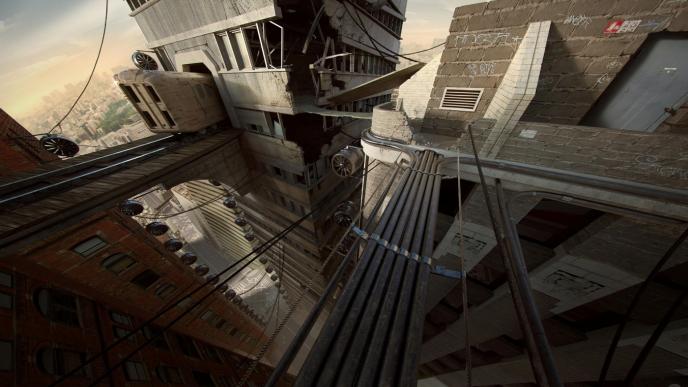 divergent dauntless in game perspective of walking on steel poles on top of a roof