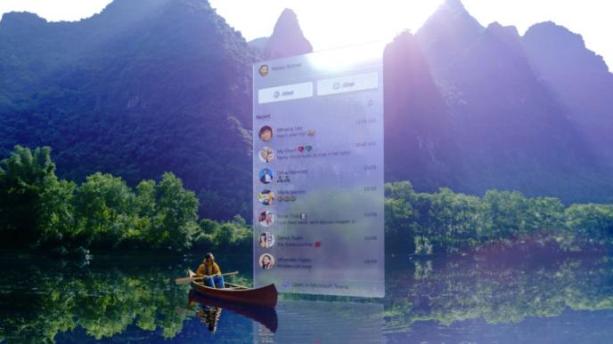 a person is canoeing on peaceful water. there are mountains covered in trees and greenery in the background. there is an animated translucent screen that has a chat screen in the centre of the image