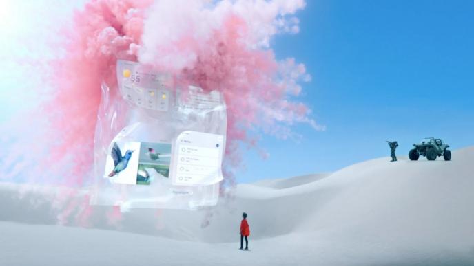 person standing in the centre of a desert that has white sand. there is an animated large screen in the sky. pink smoke is exploding out the top of the screen. there is a soldier and a dune buggy to the left.