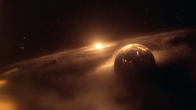 cg animation of a planetary system. there is a bright orange illuminous star in the centre that is casting its light onto the planets nearby
