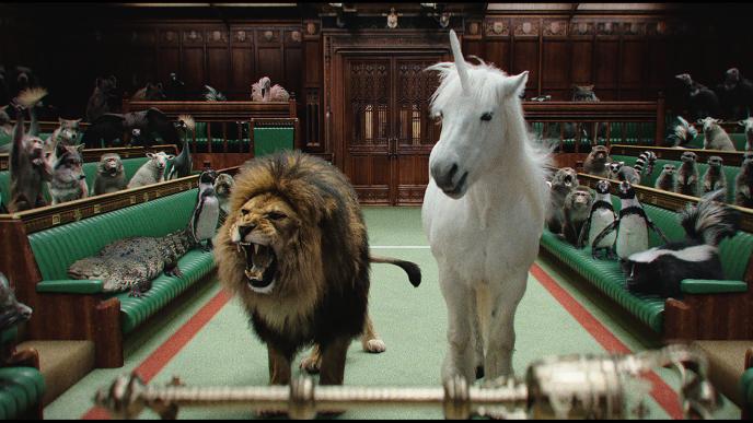 an animated lion and horse standing next to each other in parliament. the lion is roaring