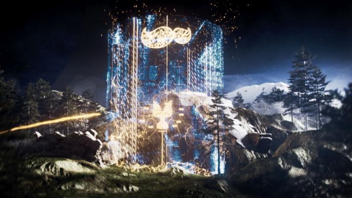 halo video game environment and animated pringles moustache projected in a digital cylinder