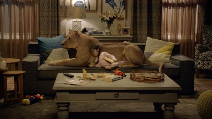 a child sleeping on the sofa cuddled up to a lioness