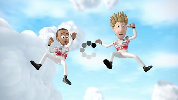 two animated characters falling through the sky