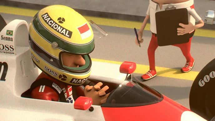 an animated formula one racer in a race car holding hands together