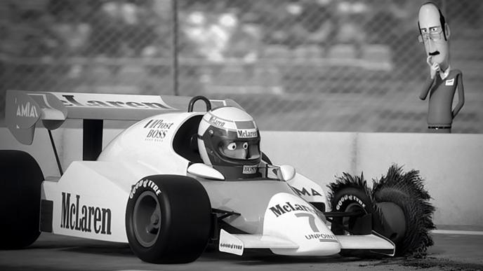 black and white image of an animated formula one racer looking surprised. the front left wheel has burst. there is a spectator in the back thinking