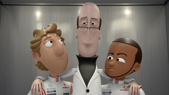 three animated characters standing together as the one in the middle has their arms around the others