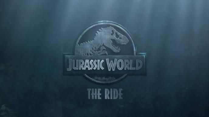 text depicting 'jurassic world - the ride' with a t-rex skeleton on the top of the text