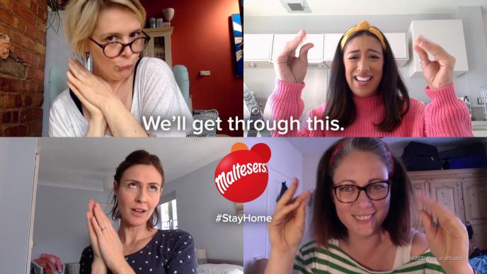 four tiles of a zoom call screenshot of people talking. there is 'maltesers' branding and text that says 'we'll get through this' in the centre