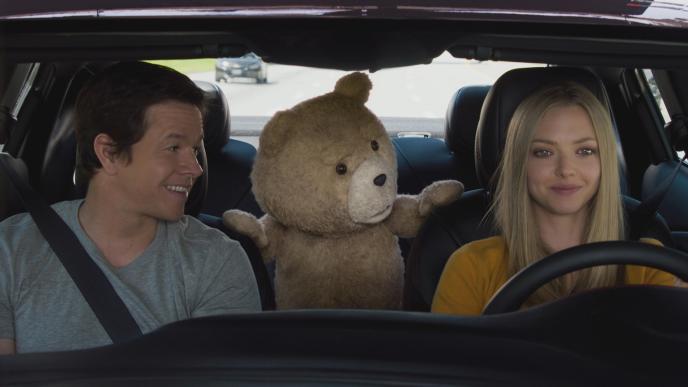 mark whalberg as john bennet and amanda seyfried as samantha leslie jackson sitting in a car as ted the animated bear sits in the back looking at amanda seyfried