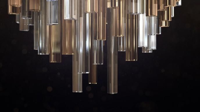 crystalised rectangular cylinders hanging from the top of the image