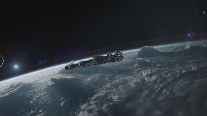 a spacecraft flying by a planet in space