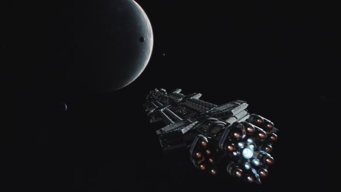 back view of a spacecraft flying towards a planet with three small moons orbiting it