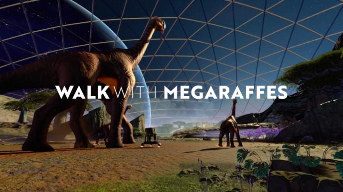 back view of megaraffe aliens walking through an prehistoric environment