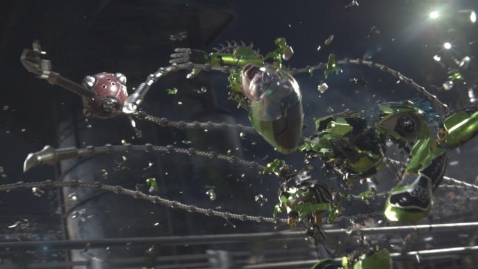 pro motorball cybord players. one of them is hovering in the air as it smashes the other one into pieces