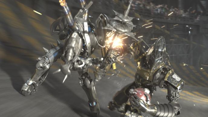 two pro cyborg racers clashing with each other in a stadium