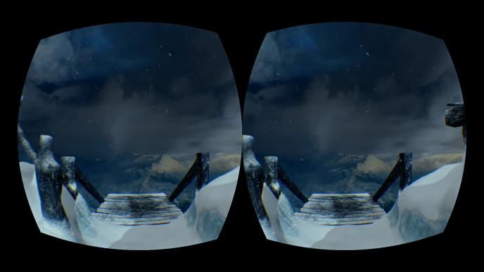 vr goggle perspective of snowy bridge overlooking mountains