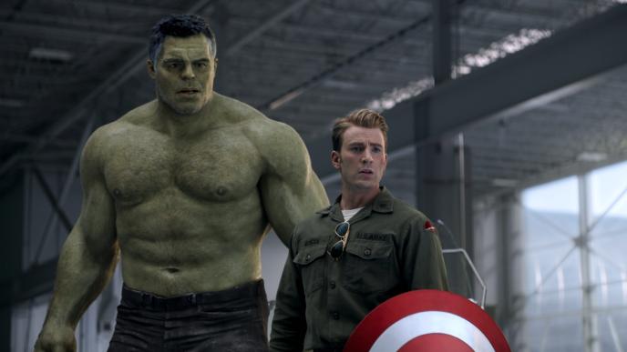 actors chris evans as captain america and mark ruffalo as cg animated smart hulk