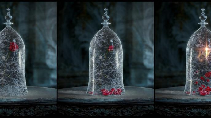 concept art of the forever rose in a glass dome shedding its petals and illuminating