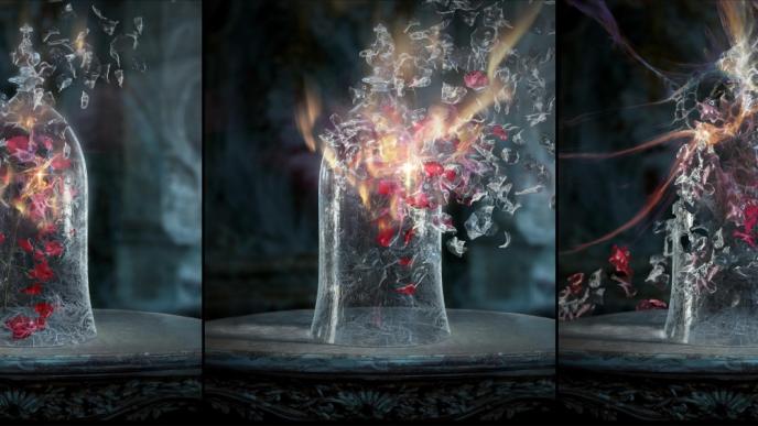 concept art of the forever rose in a glass dome shedding its petals and illuminating and smashing through the glass