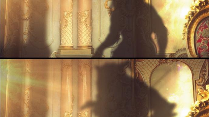 concept art of the silhoutte of the beast projected on a wall of the castle