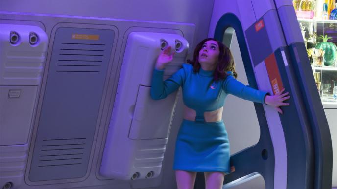 actress cristin milioti as nanette cole wearing a uss callister space dress looking up while up against a wall