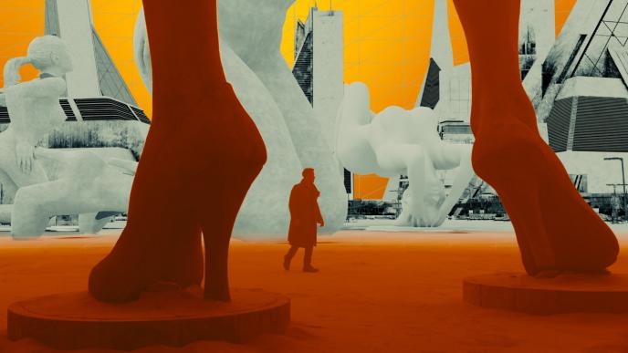 cg animation process of agent k walking through orange post apocalyptic grounds amongst gigiantic sculptures of women