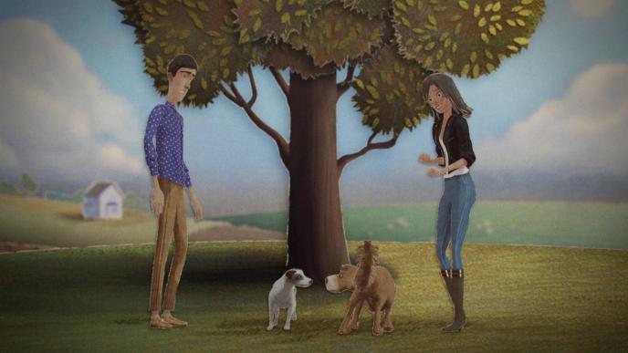 3d animated world. a couple standing by a tree with an afraid look on their face as their dogs are approaching each other