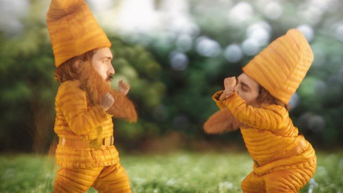 cg animated cheese gnomes crouching and fighting each other