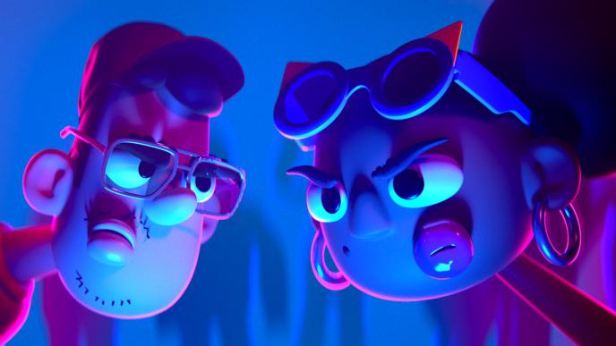 animation characters looking at each other competitively on a dancefloor