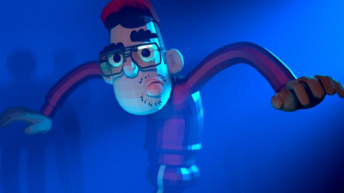animated character dancing with arms up on a dancefloor