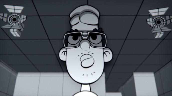 black and white animation character on a dancefloor