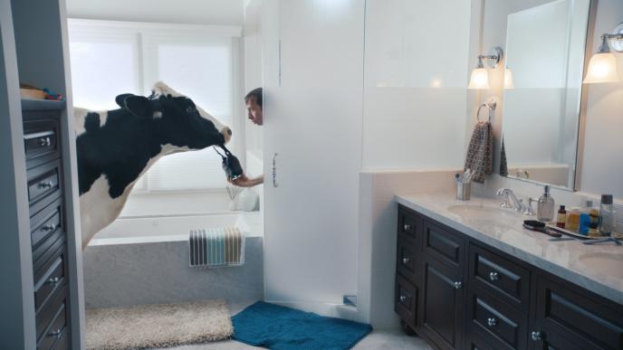 a cow handing a man a vr headset as he steps out of the shower
