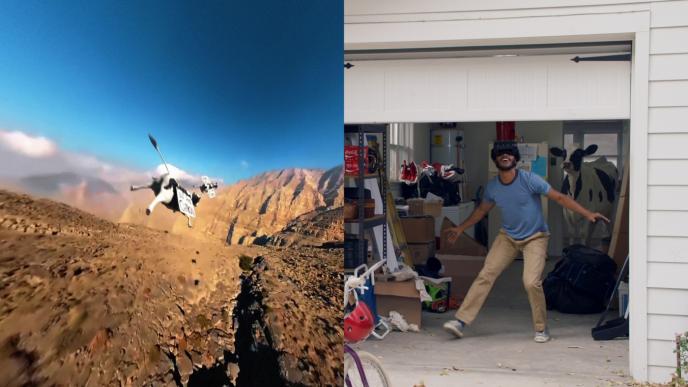 a split screen of a cow falling through the sky in a canyon and on the other half there is a man wearing a vr headset in a garage