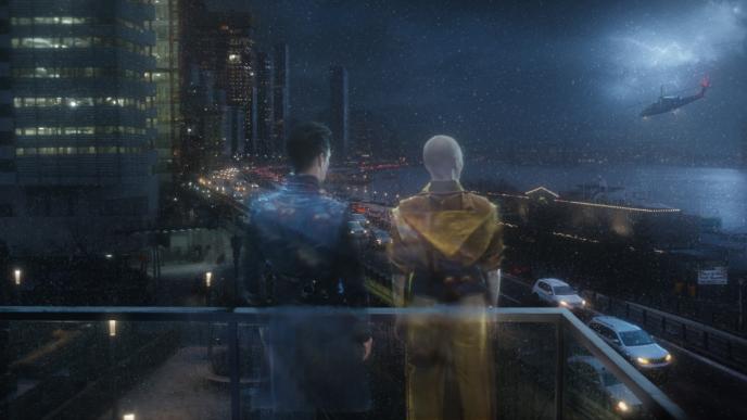 back view of doctor strange and sorcerer supreme in astral form looking onto the city in nighttime